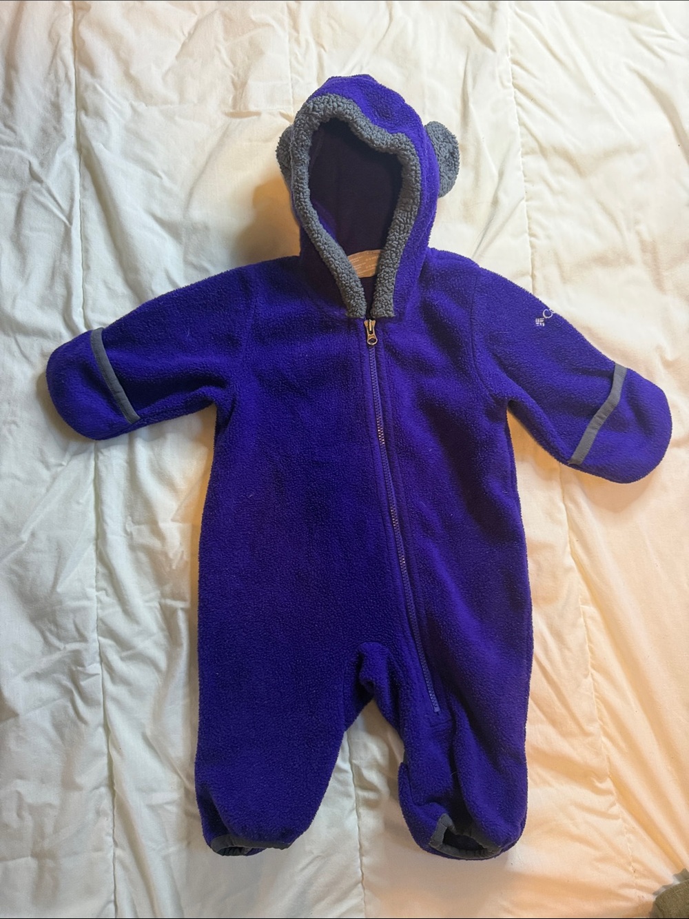 Columbia Purple Hooded Fleece One-Piece Footie with Gray Trim